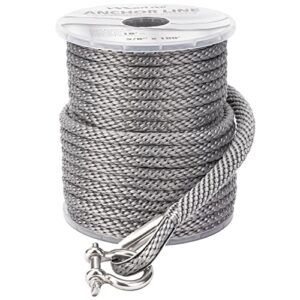 marine system made 3/8 inch 100ft 150ft premium solid braid mfp grey anchor line braided anchor rope/line with stainless steel thimble and shackle (3/8" x 100' grey)