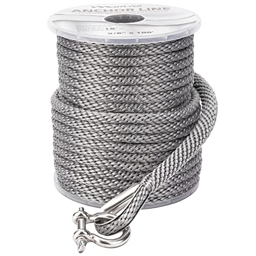 MARINE SYSTEM Made 3/8 Inch 100FT 150FT Premium Solid Braid MFP Grey Anchor Line Braided Anchor Rope/Line with Stainless Steel Thimble and Shackle (3/8" x 100' Grey)