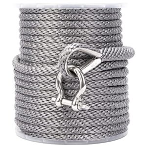 MARINE SYSTEM Made 3/8 Inch 100FT 150FT Premium Solid Braid MFP Grey Anchor Line Braided Anchor Rope/Line with Stainless Steel Thimble and Shackle (3/8" x 100' Grey)