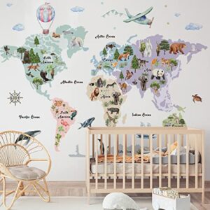 Large Animals World Map Wall Sticker Decals for Kids, Peel and Stick Wild Animals World Map Decor Stickers for Kids Wall Art Map of the World Decals for Nursery Classroom Playroom Kindergarten Educational Wall Decor