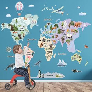 large animals world map wall sticker decals for kids, peel and stick wild animals world map decor stickers for kids wall art map of the world decals for nursery classroom playroom kindergarten educational wall decor