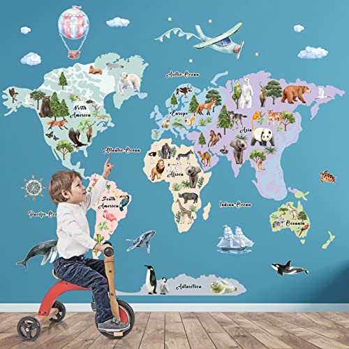 Large Animals World Map Wall Sticker Decals for Kids, Peel and Stick Wild Animals World Map Decor Stickers for Kids Wall Art Map of the World Decals for Nursery Classroom Playroom Kindergarten Educational Wall Decor