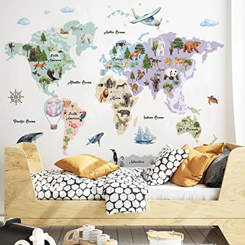 Large Animals World Map Wall Sticker Decals for Kids, Peel and Stick Wild Animals World Map Decor Stickers for Kids Wall Art Map of the World Decals for Nursery Classroom Playroom Kindergarten Educational Wall Decor