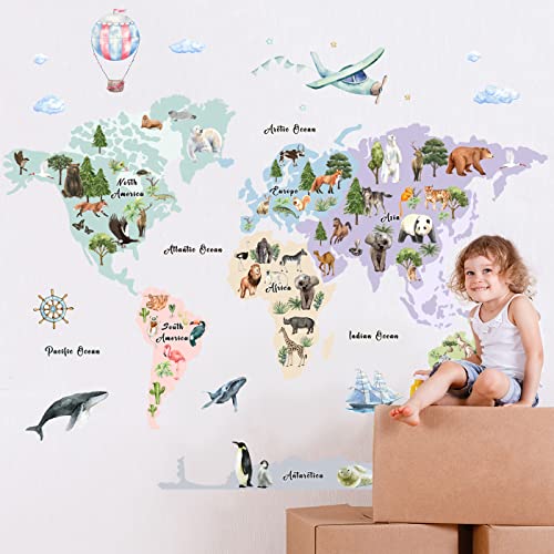 Large Animals World Map Wall Sticker Decals for Kids, Peel and Stick Wild Animals World Map Decor Stickers for Kids Wall Art Map of the World Decals for Nursery Classroom Playroom Kindergarten Educational Wall Decor