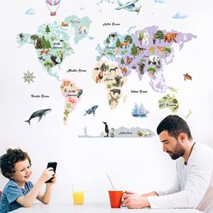 Large Animals World Map Wall Sticker Decals for Kids, Peel and Stick Wild Animals World Map Decor Stickers for Kids Wall Art Map of the World Decals for Nursery Classroom Playroom Kindergarten Educational Wall Decor