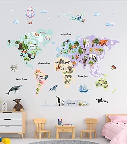 Large Animals World Map Wall Sticker Decals for Kids, Peel and Stick Wild Animals World Map Decor Stickers for Kids Wall Art Map of the World Decals for Nursery Classroom Playroom Kindergarten Educational Wall Decor