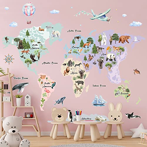 Large Animals World Map Wall Sticker Decals for Kids, Peel and Stick Wild Animals World Map Decor Stickers for Kids Wall Art Map of the World Decals for Nursery Classroom Playroom Kindergarten Educational Wall Decor