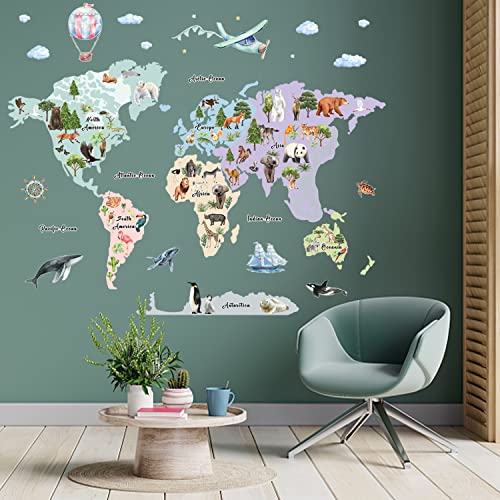 Large Animals World Map Wall Sticker Decals for Kids, Peel and Stick Wild Animals World Map Decor Stickers for Kids Wall Art Map of the World Decals for Nursery Classroom Playroom Kindergarten Educational Wall Decor