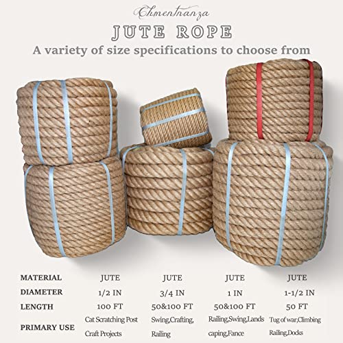 Natural Hemp Rope Jute Rope (3/4 in * 100 ft) Twisted Manila Rope for Hammocks, Swings, Boat Railings.