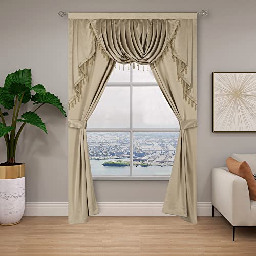 Regal Home Collections Regency 5-Piece Beaded Window Curtains - 50in W x 84in L Curtain Panels with Beaded Waterfall Valance and 2 Tiebacks - Bedroom Curtains - Living Room Curtains (Gold)