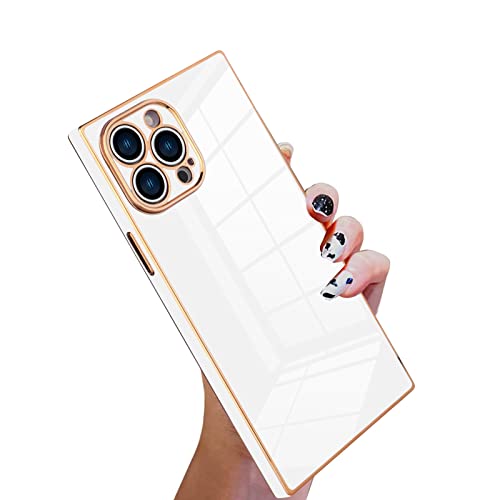 KANGHAR Square Case Compatible with iPhone 13 Pro Max Luxury Cute Plating Electroplated Design Square Case Full-Body Anti-Scratch Shockproof Bumper Slim Cover for iPhone 13 Pro Max 6.7" White