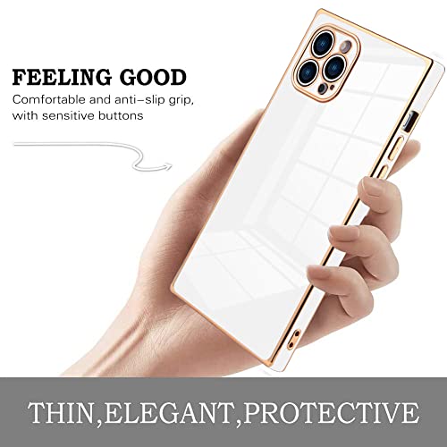 KANGHAR Square Case Compatible with iPhone 13 Pro Max Luxury Cute Plating Electroplated Design Square Case Full-Body Anti-Scratch Shockproof Bumper Slim Cover for iPhone 13 Pro Max 6.7" White