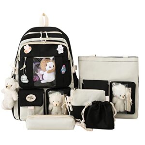 lik epoch kawaii backpack 5pcs set aesthetic backpack 17in preppy backpacks with badge&pendant,shoulder bag,pencil box,tote bag,lucky bag(black)