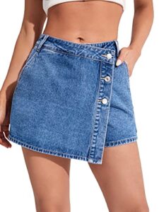 wdirara women's high waisted button front denim skort asymmetrical hem wrap jean skirt shorts medium wash m