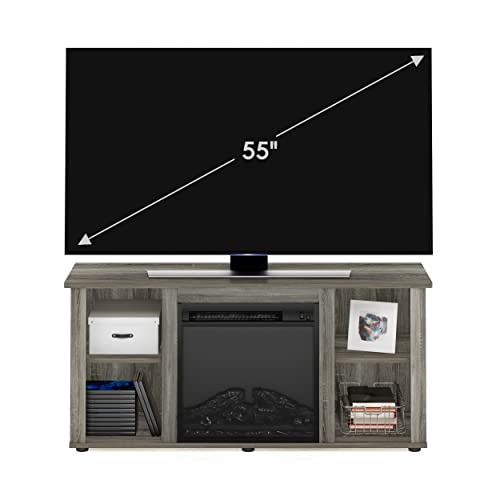 Furinno Jensen Fireplace Entertainment Center TV Stand with Open Storage for TV up to 55 Inch, French Oak Grey