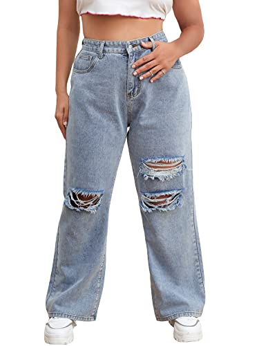 WDIRARA Women's Plus Size High Waist Ripped Wide Leg Jeans Baggy Denim Pants Light Wash 3XL