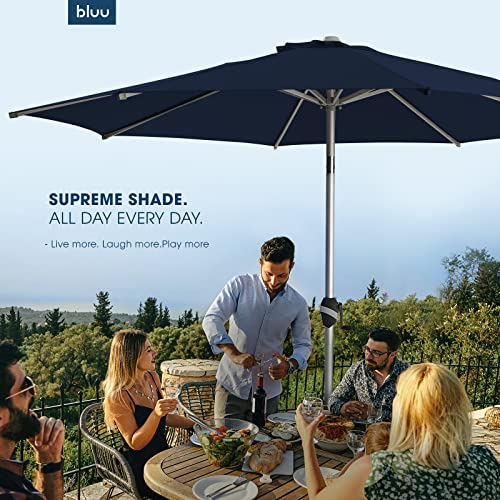 BLUU 10 FT Aluminum Outdoor Patio Umbrella, 5-YEAR Fade-Resistant Outdoor Market Table Umbrella with Push Button Tilt, for Pool, Deck, Garden and Lawn (Navy Blue)