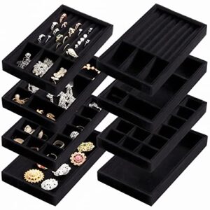 elsjoy 8 pack 4 styles velvet jewelry tray, 8" x 5" jewelry organizer tray stackable jewelry storage tray, drawer jewelry tray for rings, earrings, necklace, bracelet, black