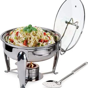 6 Quart Round Stainless Steel Chafing Dish with Bonus Slotted Spoon and Drip Tray for Lid | Keeps linens Dry | for Wedding, Graduation, Events, Parties | Sterno Holder…