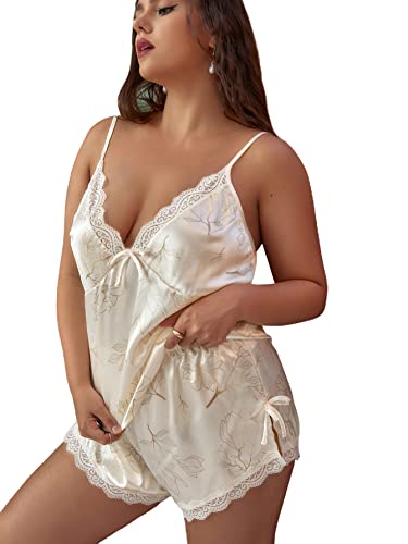 OYOANGLE Women's Plus 2 Piece Satin Silk Pajama Set Floral Lace V Neck Cami Tops and Shorts Sleepwear Apricot 4XL