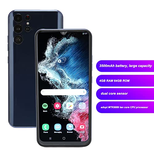 ASHATA Unlocked Phone, 6.52 Inch Drop Screen Face Recognit Smartphone, Dual SIM Card, 4GB RAM 64GB ROM, S22 Ultra Pro 3G Gaming Cellphone for Android 11(Blue)