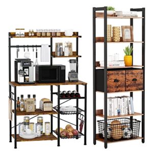 furologee 6-tier bookshelf, tall rustic bookcase with 2 drawers storage organizer kitchen baker’s rack with 2 pull out wire baskets
