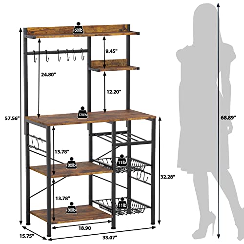 Furologee 6-Tier Bookshelf, Tall Rustic Bookcase with 2 Drawers Storage Organizer Kitchen Baker’s Rack with 2 Pull Out Wire Baskets