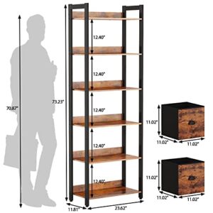 Furologee 6-Tier Bookshelf, Tall Rustic Bookcase with 2 Drawers Storage Organizer Kitchen Baker’s Rack with 2 Pull Out Wire Baskets