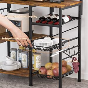 Furologee 6-Tier Bookshelf, Tall Rustic Bookcase with 2 Drawers Storage Organizer Kitchen Baker’s Rack with 2 Pull Out Wire Baskets