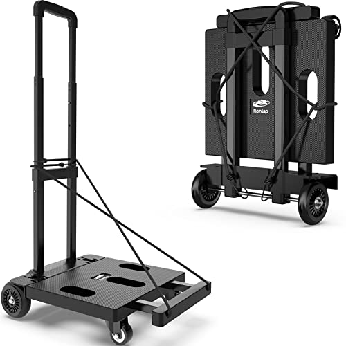 Ronlap Folding Hand Truck, Portable Dolly Cart Foldable Lightweight, 4 Wheels Push Cart Dolly for Moving, 265lbs Heavy Duty Moving Dollys with Wheels, Small Platform Hand Cart with 2 Ropes, Black