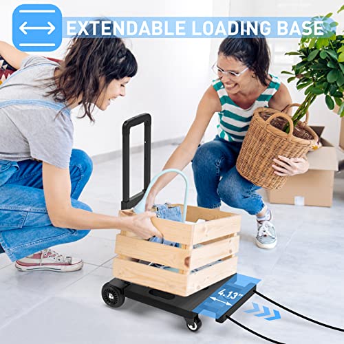 Ronlap Folding Hand Truck, Portable Dolly Cart Foldable Lightweight, 4 Wheels Push Cart Dolly for Moving, 265lbs Heavy Duty Moving Dollys with Wheels, Small Platform Hand Cart with 2 Ropes, Black