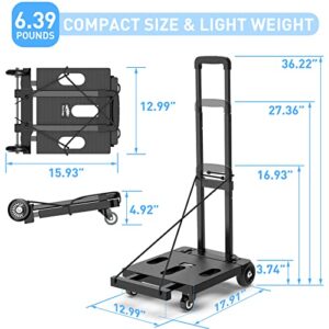 Ronlap Folding Hand Truck, Portable Dolly Cart Foldable Lightweight, 4 Wheels Push Cart Dolly for Moving, 265lbs Heavy Duty Moving Dollys with Wheels, Small Platform Hand Cart with 2 Ropes, Black