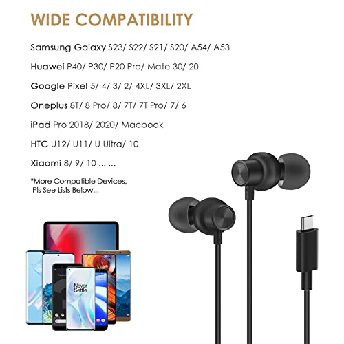 PALOVUE USB Type C Headphones in Ear Earphones Earbuds with Mic and Volume Control Compatible for Google Pixel Samsung Oneplus Huawei Sony MacBook Black