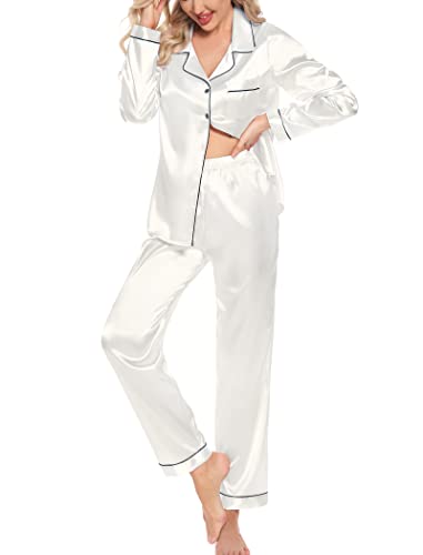 Leikar Silk Satin Pajamas Long Sleeve Pajama Sets For Women Soft Bride Pajamas Sleepwear White