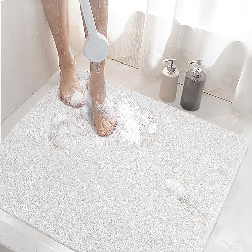 HITSLAM Shower mat Non Slip, 24 x 24 Inch Bathtub Mat Non Slip with Drain, Soft PVC Loofah Shower Bath Mat for Tub, Quick Drying Bathroom Shower Mat, White