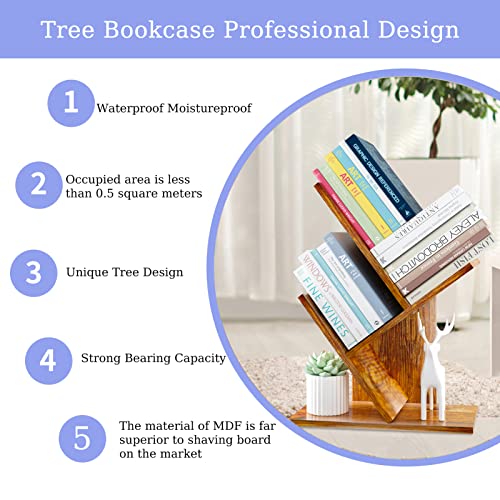 R RUISHENG Wood Tree Bookshelf, 3 Shelves Display Bookcase for Books/Magazines/CDs, Desk Standing Book Shelves Organizer for Office, Bedroom, Living Room