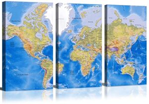 blue world map wall art canvas decor poster for office, living room, home bedroom decoration 16"x24"x3 pcs framed
