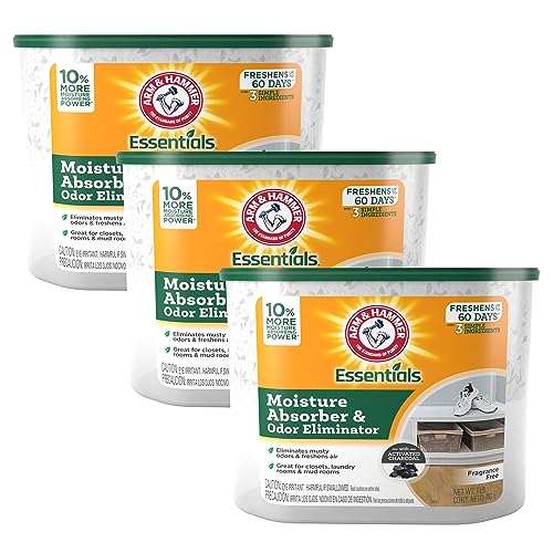 Arm & Hammer Essentials Disposable Moisture Absorber and Odor Eliminator Tub, Fragrance Free, 1 lb., 3-Pack, Attracts and Traps Excess Moisture, Ideal Closet Dehumidifier