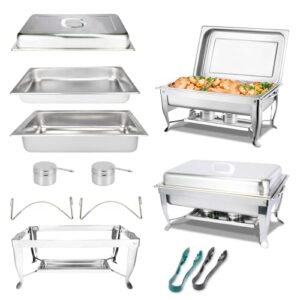 Chafing Dish 9QT 2 PACK NEW Stainless Steel, Full Size Chafing Dish Buffet Set, Foldable Rectangular Chafers for Catering, Chafer Dish Set with Fuel Holder, Chaffing Servers with Covers & Food Clip