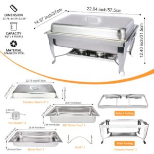 Chafing Dish 9QT 2 PACK NEW Stainless Steel, Full Size Chafing Dish Buffet Set, Foldable Rectangular Chafers for Catering, Chafer Dish Set with Fuel Holder, Chaffing Servers with Covers & Food Clip