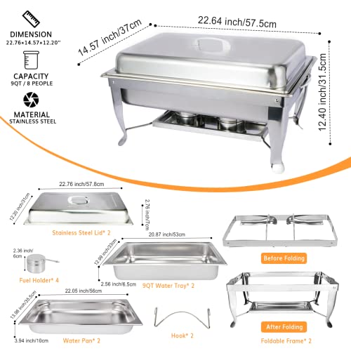 Chafing Dish 9QT 2 PACK NEW Stainless Steel, Full Size Chafing Dish Buffet Set, Foldable Rectangular Chafers for Catering, Chafer Dish Set with Fuel Holder, Chaffing Servers with Covers & Food Clip