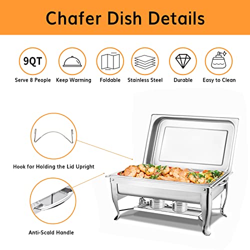 Chafing Dish 9QT 2 PACK NEW Stainless Steel, Full Size Chafing Dish Buffet Set, Foldable Rectangular Chafers for Catering, Chafer Dish Set with Fuel Holder, Chaffing Servers with Covers & Food Clip