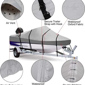 RVMasking 600D Heavy Duty Waterproof Trailerable Boat Cover with Storage Bag Fits Bass Boat, V-Hull, Runabout, Fish&Ski, Tri-Hull, Marine Grade Boat Cover Length: 16’-18.5’, Beam Width up to 94”