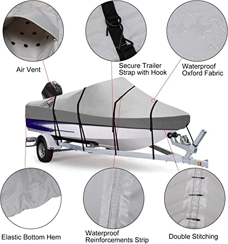 RVMasking 600D Heavy Duty Waterproof Trailerable Boat Cover with Storage Bag Fits Bass Boat, V-Hull, Runabout, Fish&Ski, Tri-Hull, Marine Grade Boat Cover Length: 16’-18.5’, Beam Width up to 94”