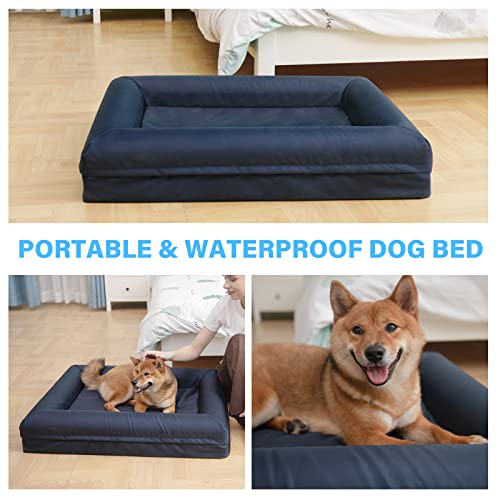 Hygge Hush 100% Waterproof Dog Bed, Washable Dog Bed with Removable Cover and Bolster, Orthopedic Dog Bed with Nonskid Bottom(Navy Blue,36"x27")