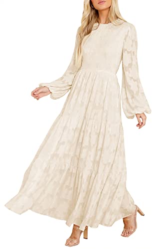 MITILLY Women's Elegant Floral Long Sleeve Round Neck Smocked A-Line Flowy Tiered Maxi Dress with Pockets Medium Apricot