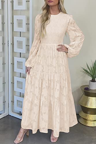 MITILLY Women's Elegant Floral Long Sleeve Round Neck Smocked A-Line Flowy Tiered Maxi Dress with Pockets Medium Apricot