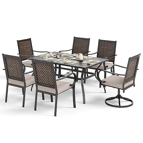 SUNSHINE VALLEY Patio Dining Set for 6, Outdoor Dining Furniture Set with 1 Dining Table 4 Wicker Patio Chairs with Cushion and 2 Swivel Patio Chairs with Cushion for Lawn Garden Backyard