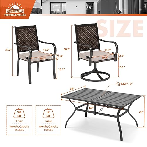 SUNSHINE VALLEY Patio Dining Set for 6, Outdoor Dining Furniture Set with 1 Dining Table 4 Wicker Patio Chairs with Cushion and 2 Swivel Patio Chairs with Cushion for Lawn Garden Backyard