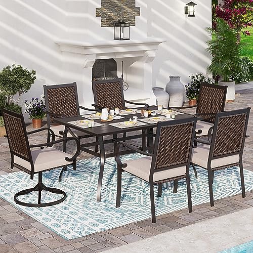 SUNSHINE VALLEY Patio Dining Set for 6, Outdoor Dining Furniture Set with 1 Dining Table 4 Wicker Patio Chairs with Cushion and 2 Swivel Patio Chairs with Cushion for Lawn Garden Backyard